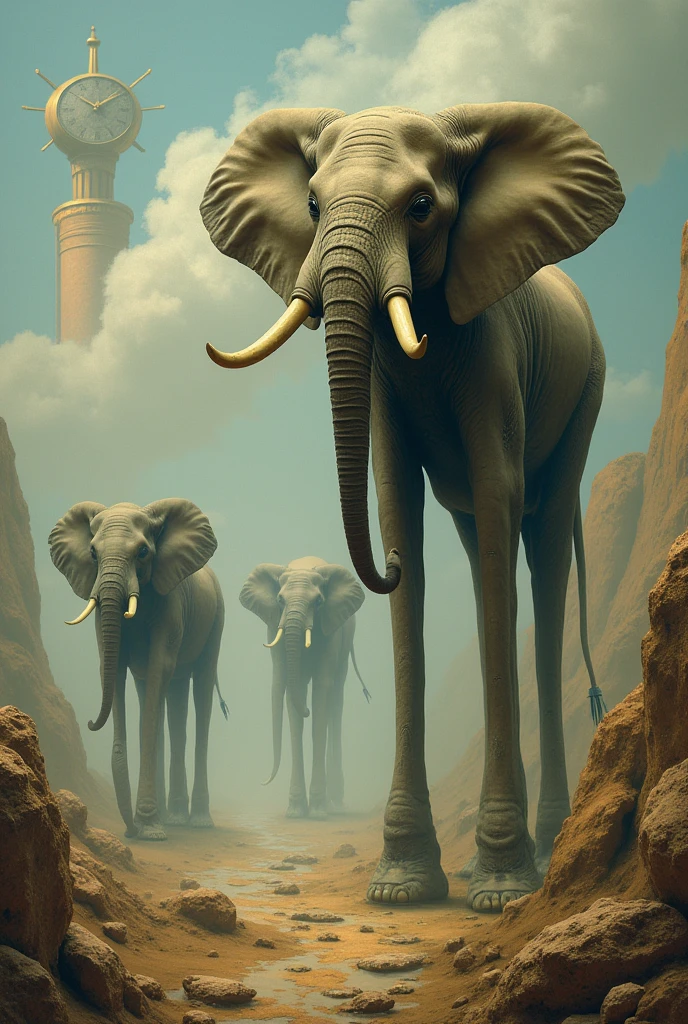 In the style of Salvador Dali、Elephants with extremely long legs