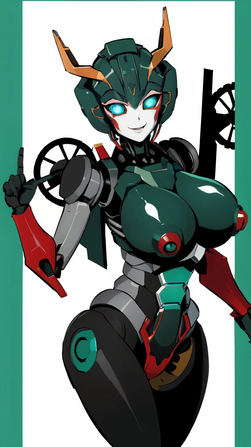 tank canon, roboT、 worker cloth、dark green body, roboT悪魔の羽、Two horns, open feet, crotch, Big Breasts, smile, roboT, Mecha, (Glowing Eyes:1.2), 