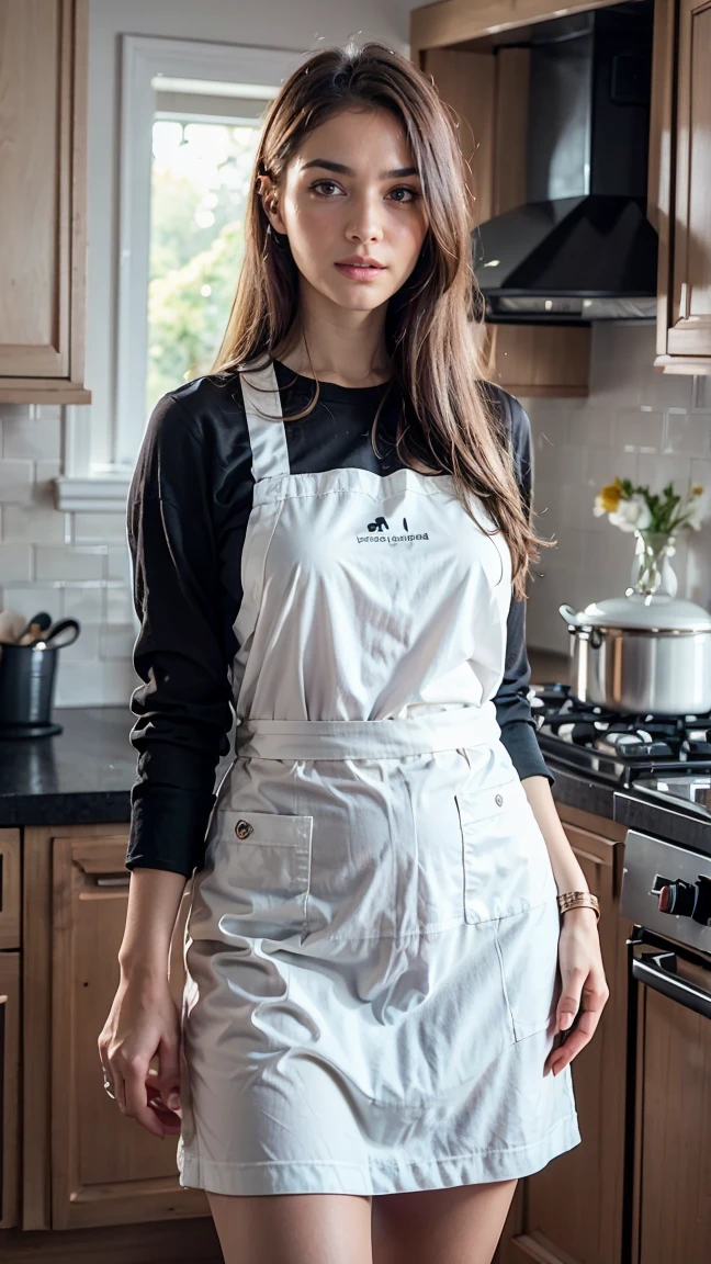 a woman with various tattoos and blonde hair, solo, hips up, detailed face, standing in her kitchen, wearing only an apron, soft lighting, photorealistic, high resolution, (best quality,4k,8k,highres,masterpiece:1.2),ultra-detailed,(realistic,photorealistic,photo-realistic:1.37),studio lighting,ultra-fine painting,sharp focus,physically-based rendering,extreme detail description,professional,vivid colors,bokeh