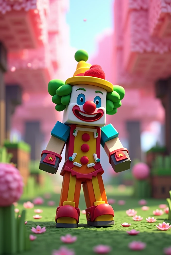 A Minecraft thumbnail in a Sakura biome with a clown as the person