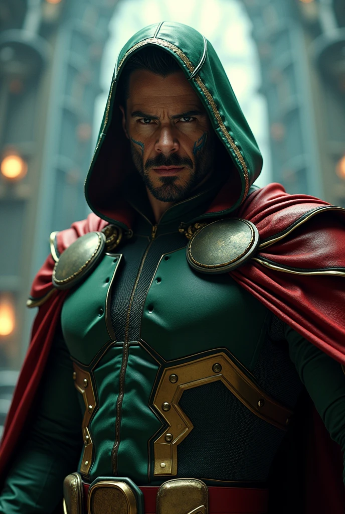 Robert Downey Jr as doctor doom with mask removed standing in a cinematic pose
