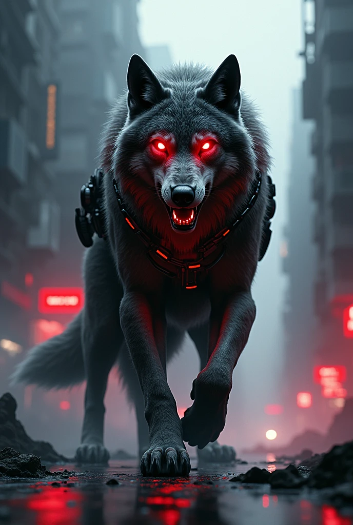 Wolf dark background cyber city Red cyber number and black military