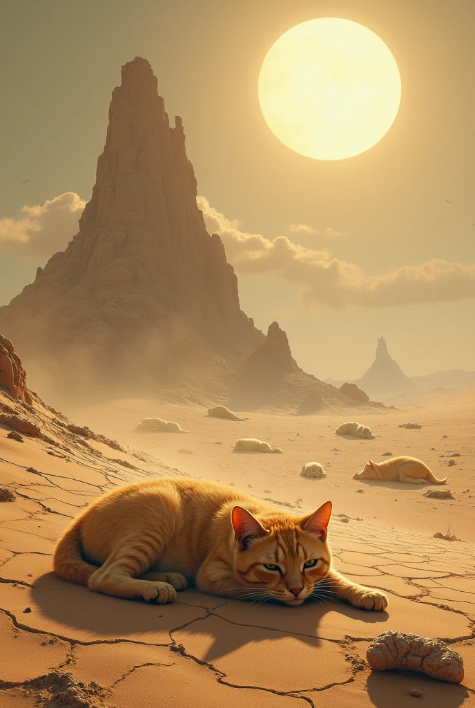 **Desert of the Fallen**
The cat finally collapses, joining the others beneath the scorching sun, leaving behind a desolate, barren world with no signs of life. The desert stretches endlessly, devoid of all hope