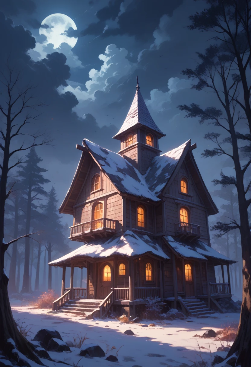 Night view, old house, An atmosphere where a ghost might appear, tree, dark clouds,