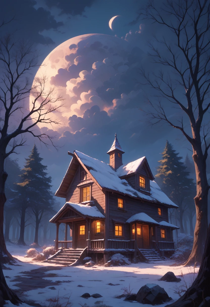 Night view, old house, An atmosphere where a ghost might appear, tree, dark clouds, 