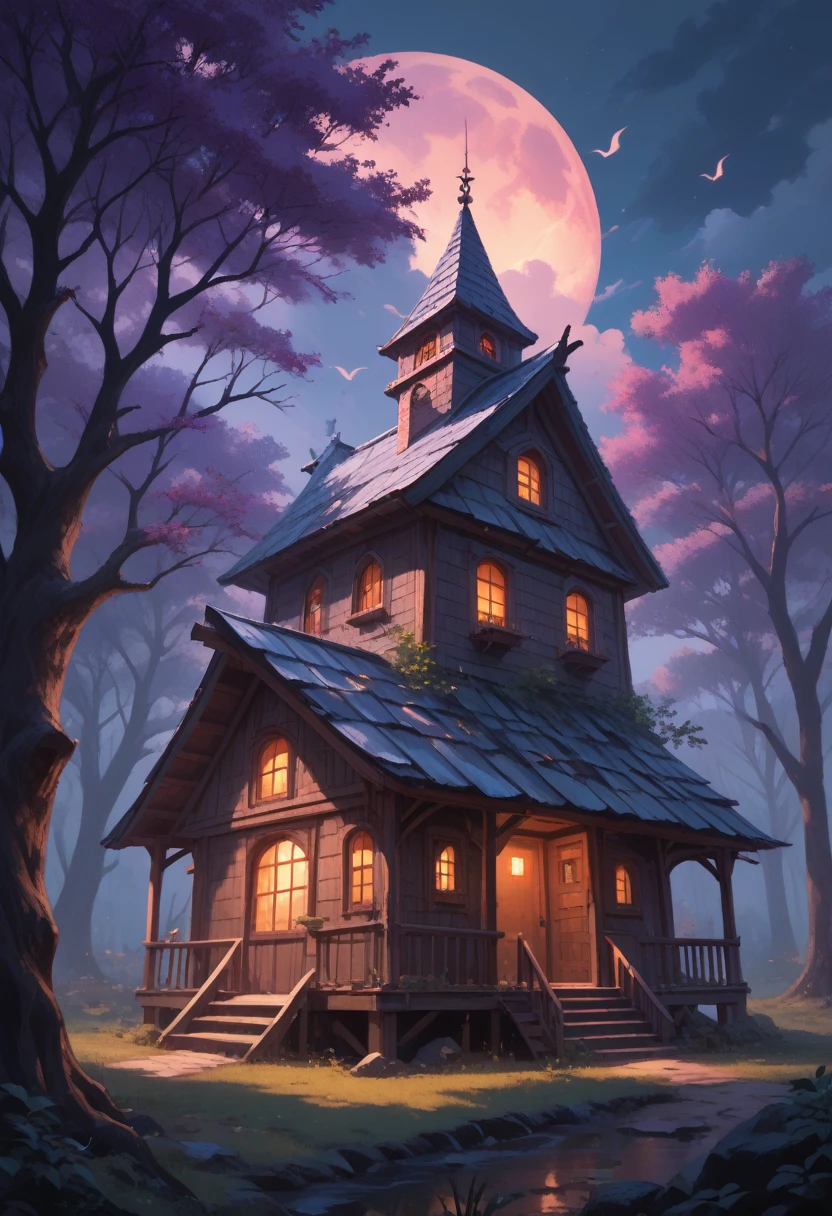 Night view, old house, An atmosphere where a ghost might appear, tree, dark clouds, 