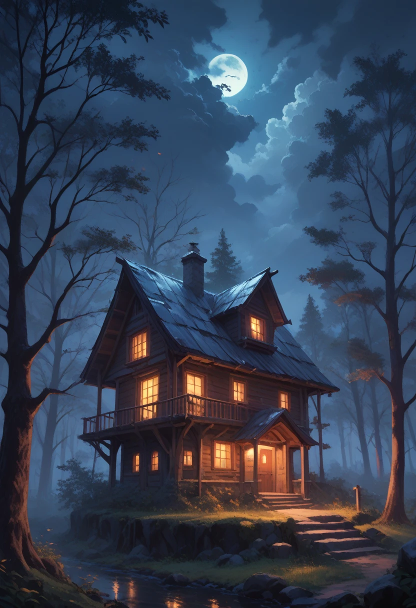 Night view, old house, An atmosphere where a ghost might appear, tree, dark clouds,