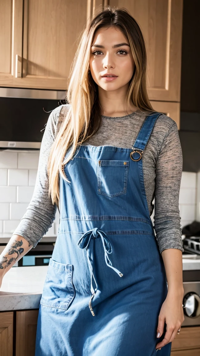 a woman with various tattoos and blonde hair, solo, hips up, detailed face, standing in her kitchen, wearing only an apron, soft lighting, photorealistic, high resolution, (best quality,4k,8k,highres,masterpiece:1.2),ultra-detailed,(realistic,photorealistic,photo-realistic:1.37),studio lighting,ultra-fine painting,sharp focus,physically-based rendering,extreme detail description,professional,vivid colors,bokeh