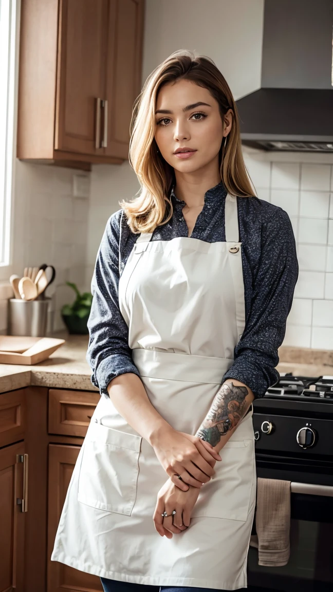 a woman with various tattoos and blonde hair, solo, hips up, detailed face, standing in her kitchen, wearing only an apron, soft lighting, photorealistic, high resolution, (best quality,4k,8k,highres,masterpiece:1.2),ultra-detailed,(realistic,photorealistic,photo-realistic:1.37),studio lighting,ultra-fine painting,sharp focus,physically-based rendering,extreme detail description,professional,vivid colors,bokeh