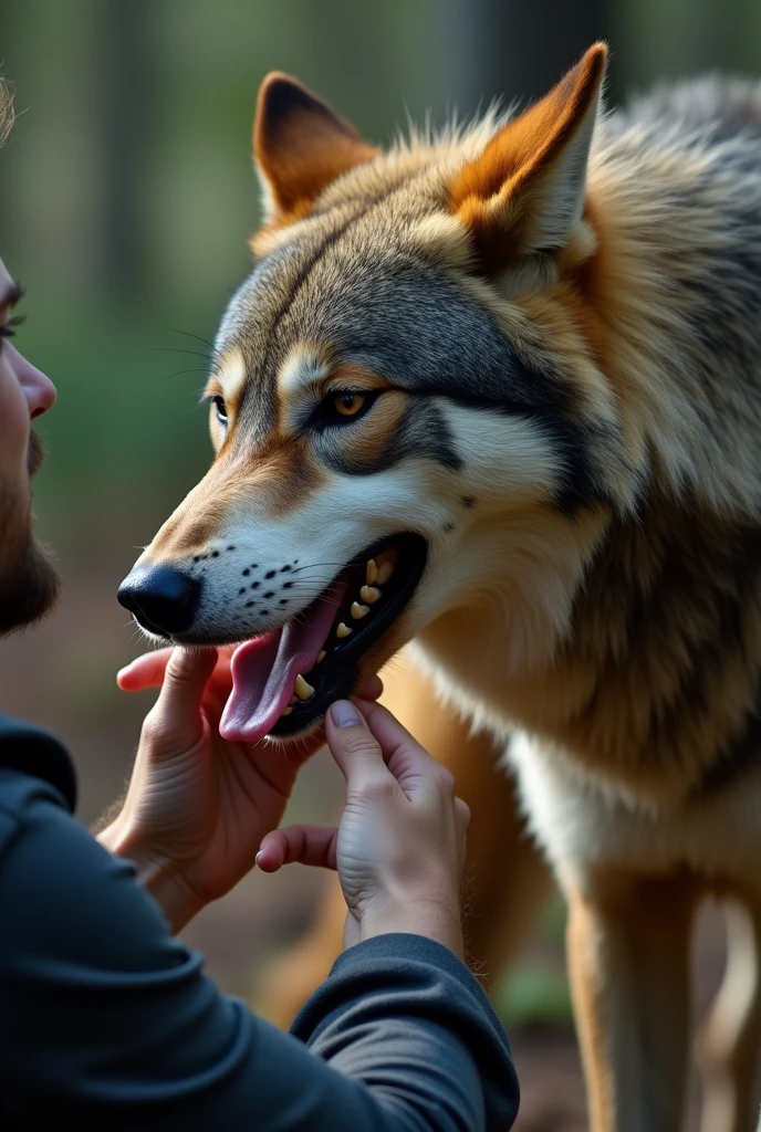 A female wolf in heat being penetrated by a human