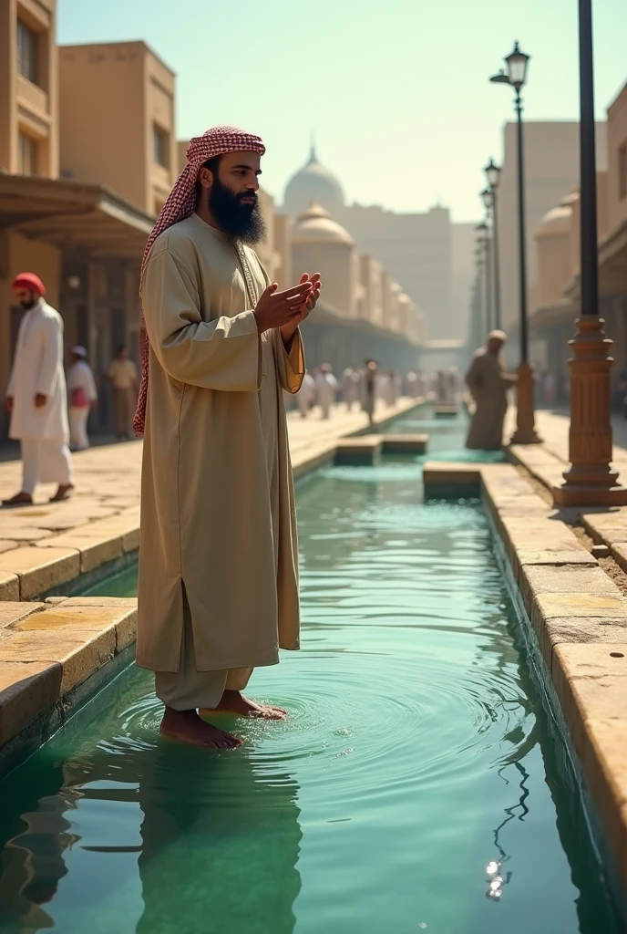 Man performing wudu at a water channel in Madinah, part of the irrigation system from the time of the Prophet