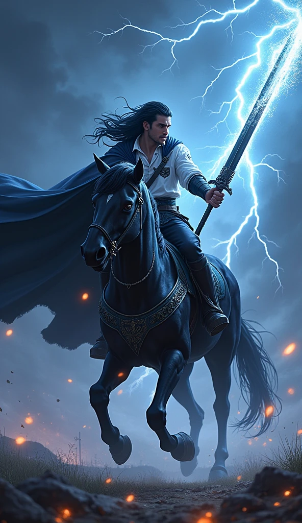 "A dynamic scene featuring Vortex, a male warrior with long black hair and a dark, flowing coat. He is dressed in a white shirt and wields a large, dark sword, ready to unleash a powerful attack. Vortex is performing a 'Shadow Eclipse' and 'Meteor Shower Barrage,' releasing intense energy from his sword. He is mounted on a heavily armored horse, which is equipped with intricate, dark metal plating. The scene is set against a dramatic night sky, illuminated by frequent, bright lightning strikes, casting powerful shadows and adding a sense of tension. Vortex's energy attack and the armored horse create a striking contrast against the stormy backdrop."