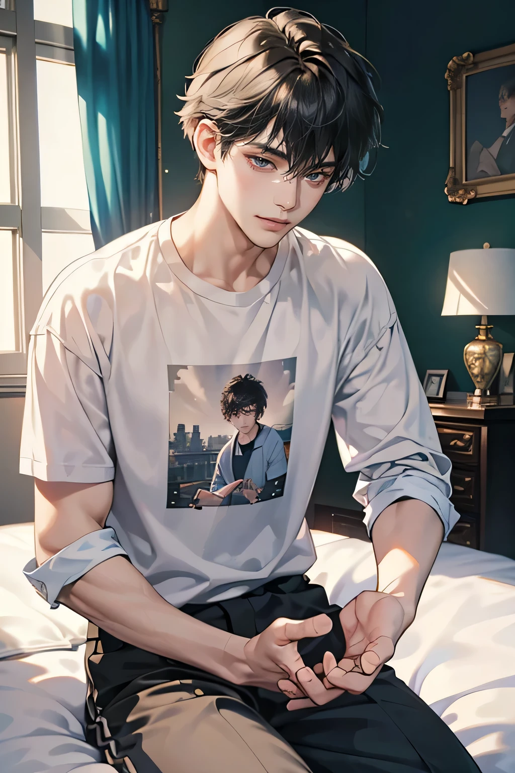 (masterpiece, high resolution, Extremely detailed:1.0), (1 boy, Young male, Male face), Perfect Chinese male, Delicate eyes and delicate face, Extremely detailed的 CG, Unity 8K wallpaper, Intricate details, Delicate face, (Black Hair, Messy hair,, T-shirts,Bad student), (Smile,),Sit on the bedroom bed, Chromatic Aberration, Depth of Field, Dramatic shadows, Ray Tracing, best quality, Movie Lighting, Official Art,portrait