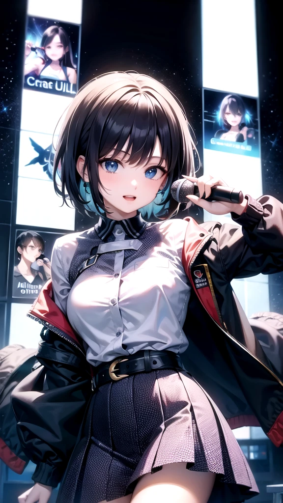 Create an album cover illustration for a pop idol group. The idol has ultramarine short bob high school girl, uniform, blue eyes and wears trendy outfits. He is holding a microphone and striking a dynamic pose while surrounded by colorful musical notes and stars. The background features a vibrant cityscape with skyscrapers, neon lights, and a starry sky, creating a vibrant and energetic atmosphere.