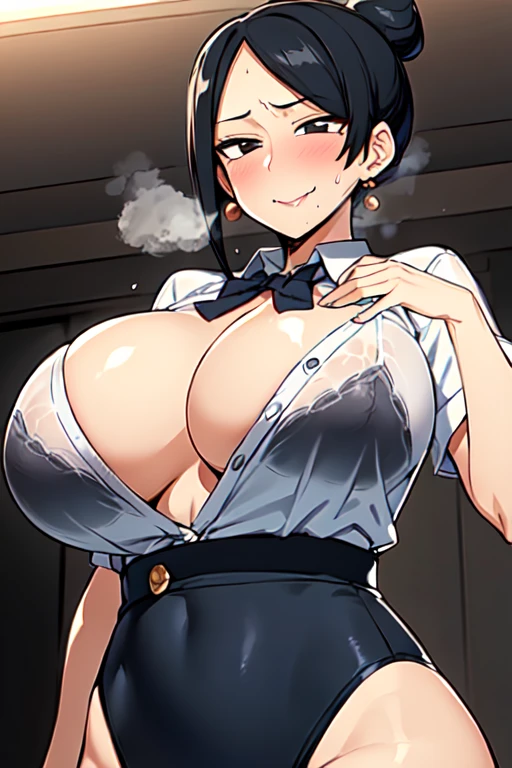 best quality,1girl, Takizawa, solo, black eyes, black hair,  single hair bun,((huge breasts, round breasts,big ,ample breasts)),Slender,(skinny body:1.2),(thin_Waist:1.2),Skinny but big breasts,earrings, mature female,  mole under mouth,(school uniforms:1.2),(Close the buttons on clothes),(Buttons that are likely to come off),cosplay,Black tights,(breast focus,wide tits),In heat,(Bewitching Smile),(My breasts are shaking:1.1),((bouncing breasts)),Hourglass Shape,(hands on breast),Emphasize large breasts,blush,(steam:1.2),(Heavy breathing),from below,Shiny skin,See-through bra,The clothes are see-through and the bra is visible