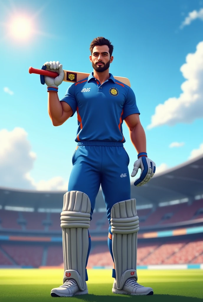 A professional male cricketer with an athletic build, standing confidently on a cricket field. He has a medium-length beard and dark hair, wearing a blue cricket jersey and white pants. He is holding a cricket bat over his shoulder, with a determined expression on his face. The background shows a vibrant stadium with a cheering crowd and a clear blue sky. The sun is shining, casting a soft light on the cricketer, highlighting his focus and readiness for the game.