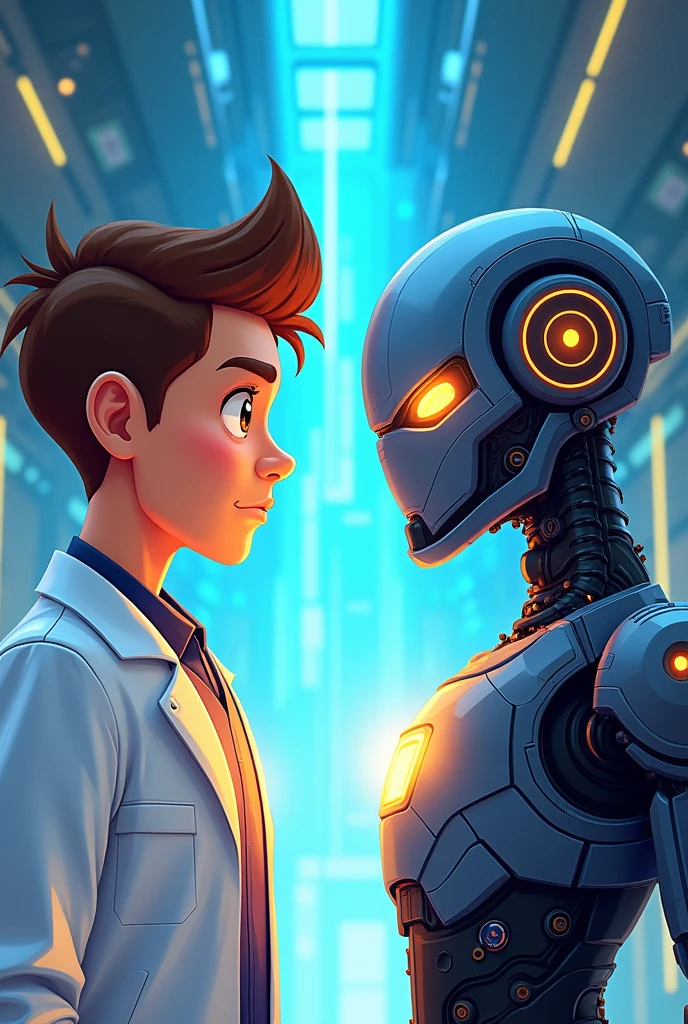 Scientist Aryan and male zeta ai facing off against each other cartoon style pic 