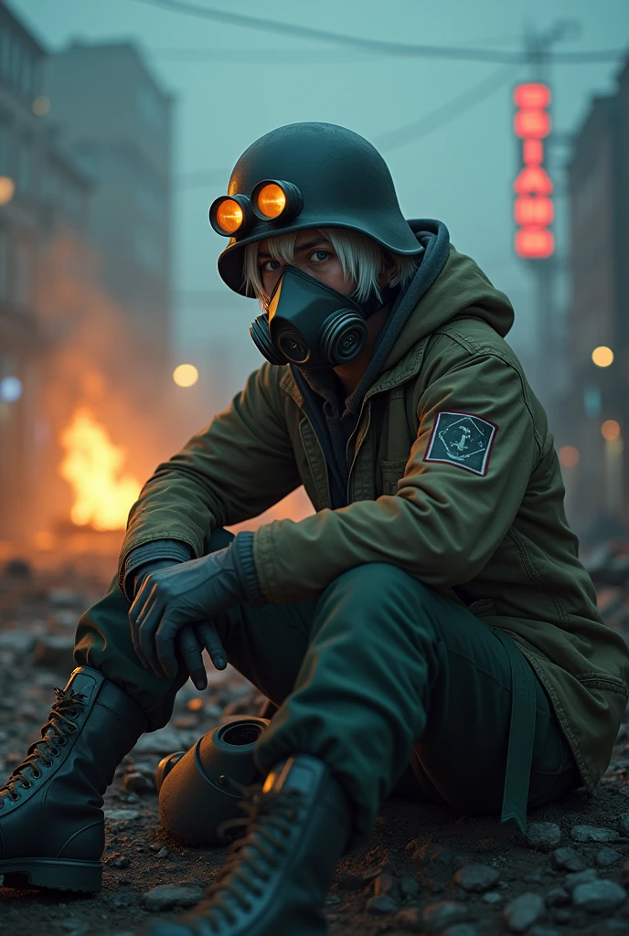 Sakata Gintoki from Gintama sitting on the something, pipboy, tunnel, vault, (face mask:0.1), (breathing tube:0.5), headphone, german ww2 helmet with flashlight , burning fire, full body, polluted wasteland, foggy, volumatric lighting, neon light, CinemaHelper-1000, [bokeh], lens effects, (glare:1.5), bloom, anamophic lens