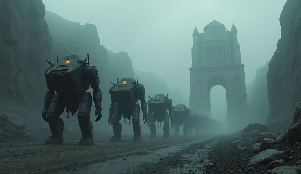 a mysterious dark setting in fog, distressing, sad, cursed and desolate with very slow figures of enormous creatures as fantastic as robotic with mechanical parts throwing enormous blocks of black matter all marching in line with their loads to rebuild the city on the distressing ruins. of archaic buildings and monuments to pagan deities that emerge among the ruins on the edge of a deep, rocky canyon. The image is extremely dark, with a dense grayish, post-apocalyptic environment with hidden in darkness cryptid characters covered in long dirty and torn layers that are not darkness. The hood does not allow you to see their faces, the glowing threads of the lasers from the robots' patrol weapons are the only colorful thing, but it adds a lot of tension, Impressive, unbeatable, intricate, extremely detailed,(((Excessive realistic textures,)) ) ((Winner of the cursed post-apocalyptic photography masterpiece award, unbeatable premium quality, overly realistic textures, incredible composition, realistic horror sci-fi landscapes))