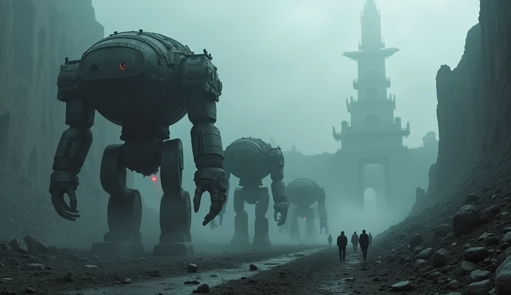 a mysterious dark setting in fog, distressing, sad, cursed and desolate with very slow figures of enormous creatures as fantastic as robotic with mechanical parts throwing enormous blocks of black matter all marching in line with their loads to rebuild the city on the distressing ruins. of archaic buildings and monuments to pagan deities that emerge among the ruins on the edge of a deep, rocky canyon. The image is extremely dark, with a dense grayish, post-apocalyptic environment with hidden in darkness cryptid characters covered in long dirty and torn layers that are not darkness. The hood does not allow you to see their faces, the glowing threads of the lasers from the robots' patrol weapons are the only colorful thing, but it adds a lot of tension, Impressive, unbeatable, intricate, extremely detailed,(((Excessive realistic textures,)) ) ((Winner of the cursed post-apocalyptic photography masterpiece award, unbeatable premium quality, overly realistic textures, incredible composition, realistic horror sci-fi landscapes))