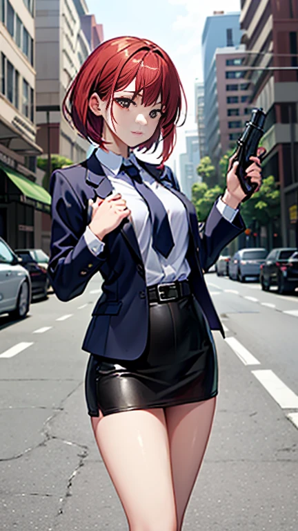 Highest quality、Ultra HD、One Woman、(Red Hair Short Bob 1.3)、(Black blazer 1.3)、(Black bow tie)、(shirt)、(Black Leather Shoes 1.1)、((Black Mini Tight Skirt))、((Thigh 1.2))、((One with a gun in each hand.5))、stylish、(Beautiful face with sharp eyes 1.2)、(Leather belt 1.2)、2. Women、thin、(Daytime city background 1.2)、((Clear and beautiful touch))