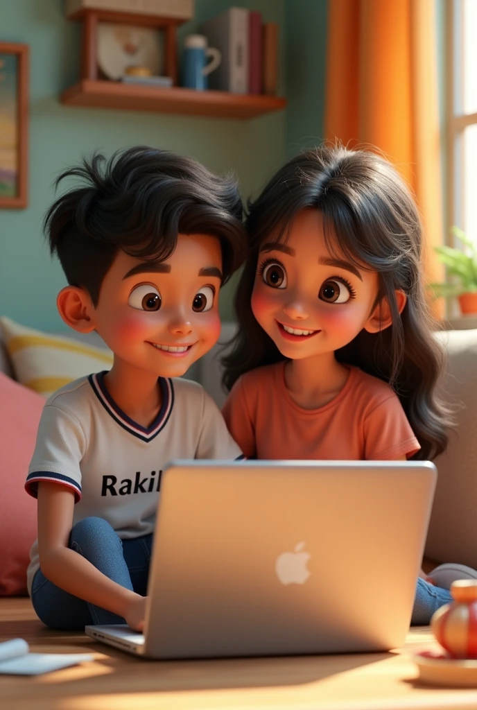 Create 3d animation character 2 boy using laptop with his girlfriend. His jersey colour white and Jersey name Rakib.
