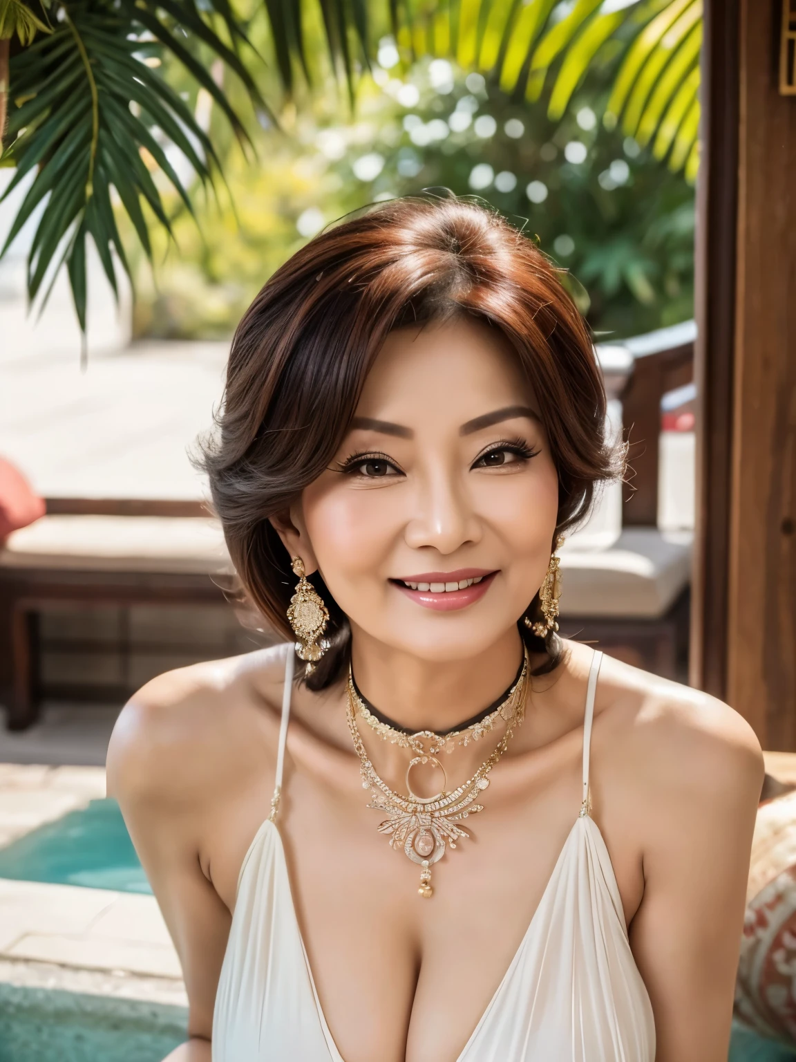 ７７ years old　mom　milf　Chinese Lady　large earring　Big choker　navel piercing decoration　A bracelet　realisitic　Gorgeous Madame Beautiful Mature Woman　sexly　Smile　Gentle woman navel piercing　４K　High quality　Gorgeous Madame Beautiful Mature Woman　Heavy chest