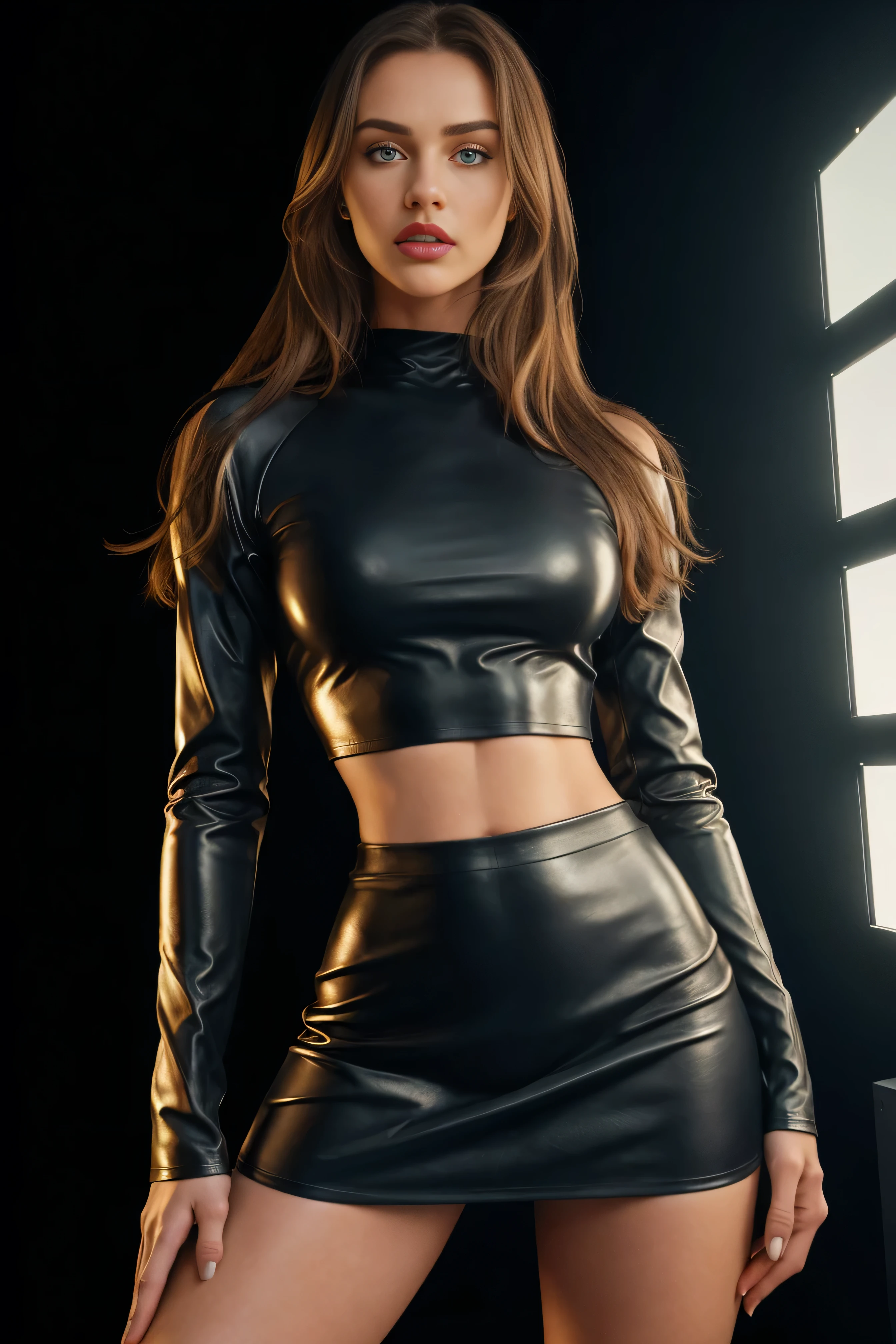 HDR photo of Caucasian woman at a solid dark gray background ultra-realistic digital photo dynamic pose in front of brightly lit colored led panel, long sleeve crop top, leather miniskirt, alluring, long brunette hair, long straight hair, blue eyes, red lips, big breasts, broad athletic shoulders, slim waist, long shapely legs High dynamic range, vivid, rich details, clear shadows and highlights, realistic, intense, enhanced contrast, highly detailed