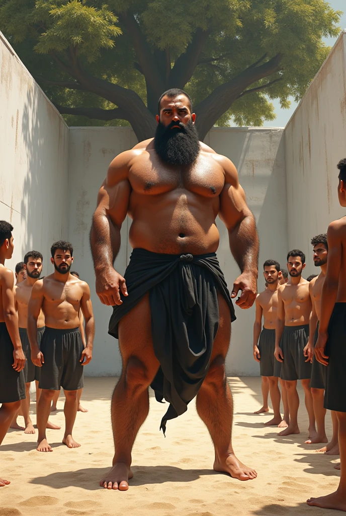 Big hairy bearded strong muscular Persian teacher standing in black underwear, teaching how to fight on a sandy terrain with white walls and a large tree in the background. Boys around watching.