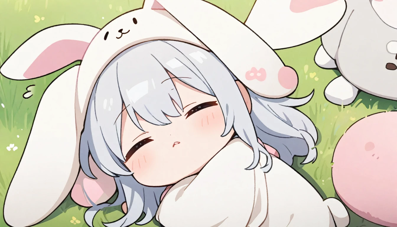 Girl、美Girl、Silver Hair、Sleeping、Cute gestures、Rabbit costume、grassland、Chibi Character、Masterpiece、anime、