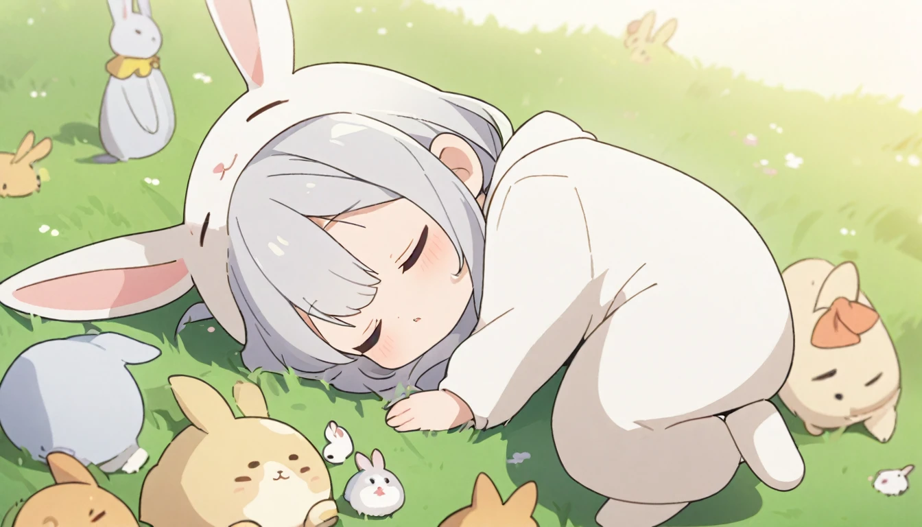 Girl、美Girl、Silver Hair、Sleeping、Cute gestures、Rabbit costume、grassland、Chibi Character、Masterpiece、anime、