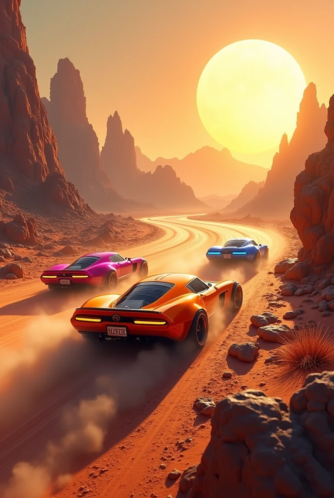 Hot rod race (3Hotrod, orange, blue, pink) on an alien planet in the twilight of a rising sun, dynamic drifting,, dusty, mountains, rivers, stones, on the horizon a ring planet rises, view towards the rising sun, lens flare, against light,