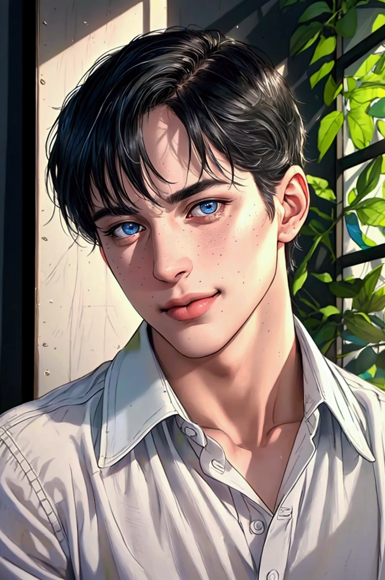 (of the highest quality,4k,8k,High resolution,masterpiece:1.2),Super detailed,(realist,photorealist,photo-realist:1.37),1 person,beautiful skin,White race, White skin, very handsome,Expressionless smile in love,short black hair,gray blue eyes,sharp eyes,A perfect face without a doubt,psychiatric, psychologist, 27 years, no expression marks, no wrinkles, young adult, man, fondo de jardin asilo psychiatric,cinema lighting,imagen hdr,Atar、