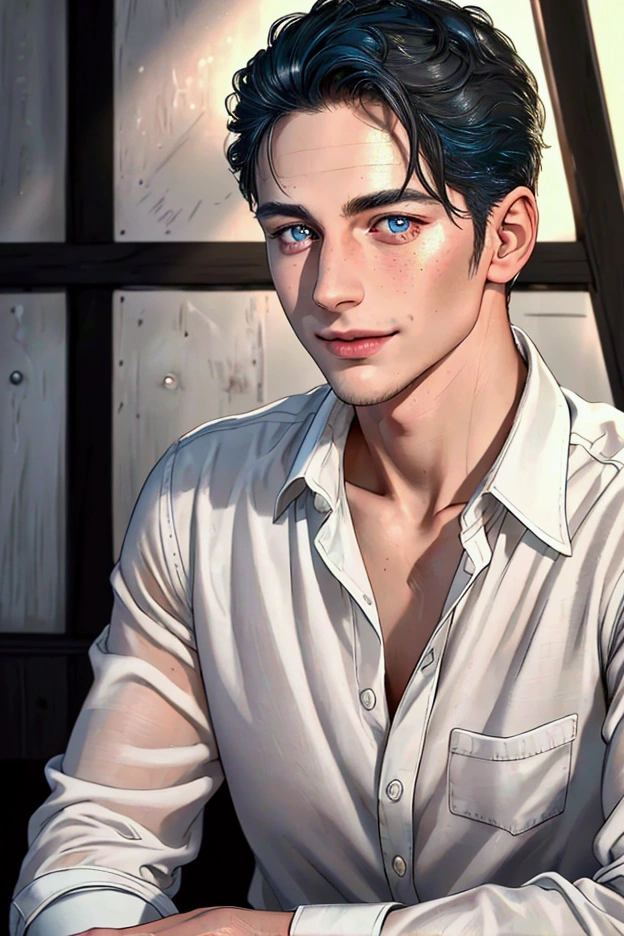 (of the highest quality,4k,8k,High resolution,masterpiece:1.2),Super detailed,(realist,photorealist,photo-realist:1.37),1 person,beautiful skin,White race, White skin, very handsome,Expressionless smile in love,short black hair,gray blue eyes,sharp eyes,A perfect face without a doubt,psychiatric, psychologist, 27 years, no expression marks, no wrinkles, young adult, man, fondo de jardin asilo psychiatric,cinema lighting,imagen hdr,Atar、
