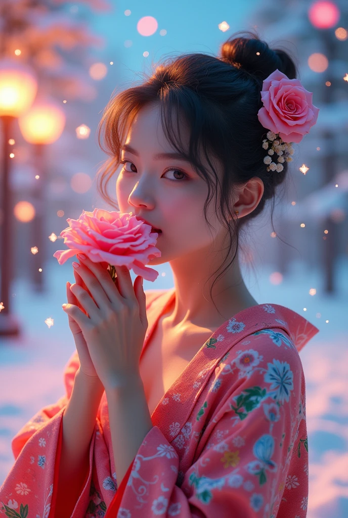 Sexy kimono V-neck Japanese cute sexy girl biting a rose、(Fluorescent Color:1.4)、(translucent:1.4)、(Retro filter:1.4)、(fantasy:1.4)、Candy world Disney fantasy fluffy soft scenery forest snow avatar pink sky green blue glow dreamy lights soft soft glow rainbow stars diamond glitter gem background surreal ultra hd movie lighting huge details full hd full light、