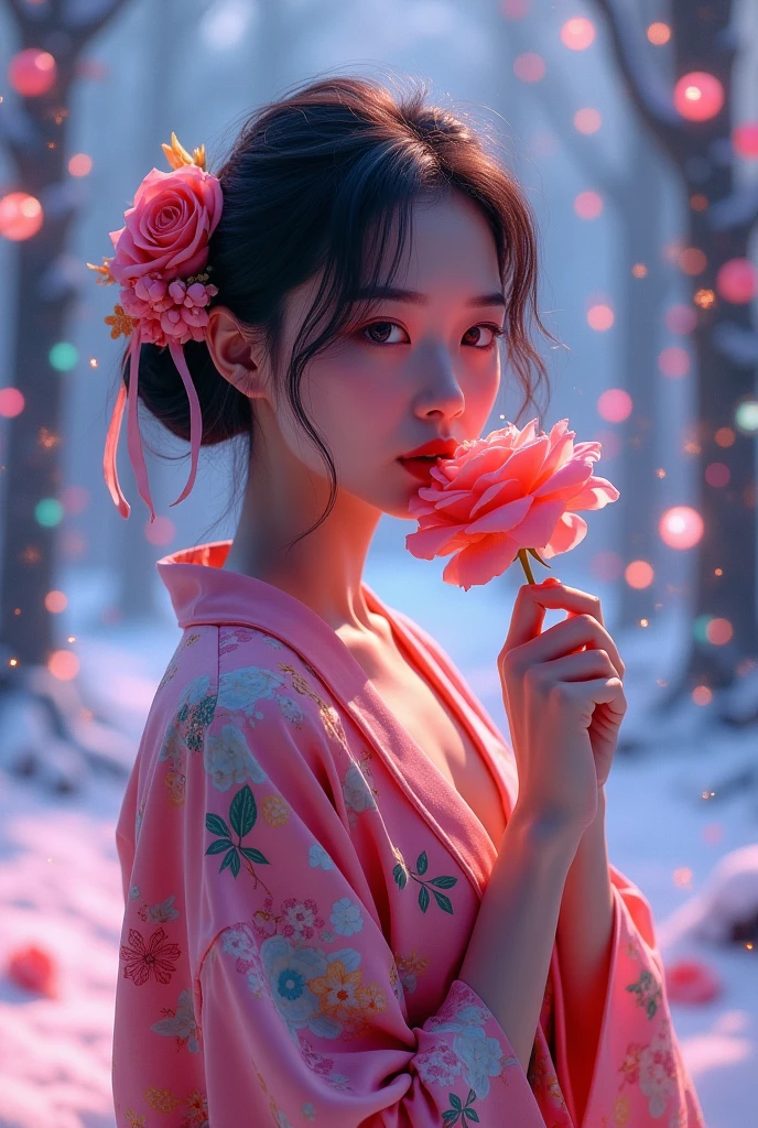 Sexy kimono V-neck Japanese cute sexy girl biting a rose、(Fluorescent Color:1.4)、(translucent:1.4)、(Retro filter:1.4)、(fantasy:1.4)、Candy world Disney fantasy fluffy soft scenery forest snow avatar pink sky green blue glow dreamy lights soft soft glow rainbow stars diamond glitter gem background surreal ultra hd movie lighting huge details full hd full light、
