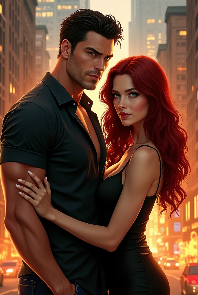 Create a man with a height of 1.80, with an athletic figure. a muscular build, a prominent jaw and marked cheekbones that give him a very distinctive appearance. A short, dark colored hair. With blue eyes and an expression that often reflects a mix of intensity and calm. With an overall elegant and charismatic appearance alongside a girl with an approximate height of 1,65 meters (5 feet 5 inches). Long, deep red hair, which is one of its most distinctive features. fair skin and a slim figure (Pear-shaped body, big butt and big boobs). One eyes of an intense green color, and a facial expression that combines elegance with a strong and confident presence., in a city full of flames