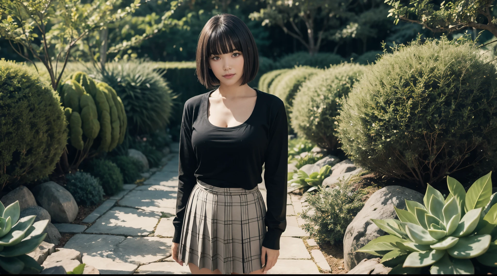 girl, standing, front view, (from above:0.7), pose with both hands and arms in the back, head tilt, detailed face, looking at viewer, short bob hair, flat bangs, fully open cardigan, long sleeves, cleavage, (huge breasts:1.2), deep round neckline black t-shirt, pleated skirt, rock garden, surrounded by carefully arranged stones and lush greenery, succulents, mosses, and low-growing shrubs, soft natural lighting, gentle shadow, relaxed vibes, harmonious garden, close-up shot,