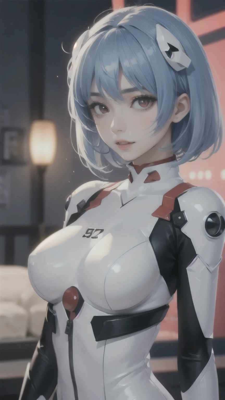 1 person、solo、Staring at the audience、ayanami_rey、Blue Short Hair、White bodysuit、gloves、Red eyes、soloフォーカス、night、Dynamic pose、Are standing、Upper Body、Beautiful and aesthetic face、Detailed face、clean facial features、Very delicate and beautiful、Beautifully detailed eyes、Stars in my eyes、Pink Lips、Perfect Face、sexy、slim、Large Breasts、Are thin、Upper Body