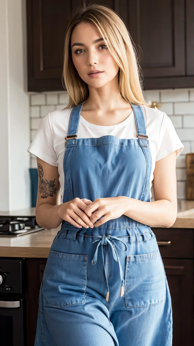 a woman with various tattoos and blonde hair, solo, hips up, detailed face, standing in her kitchen, wearing only an apron, soft lighting, photorealistic, high resolution, (best quality,4k,8k,highres,masterpiece:1.2),ultra-detailed,(realistic,photorealistic,photo-realistic:1.37),studio lighting,ultra-fine painting,sharp focus,physically-based rendering,extreme detail description,professional,vivid colors,bokeh