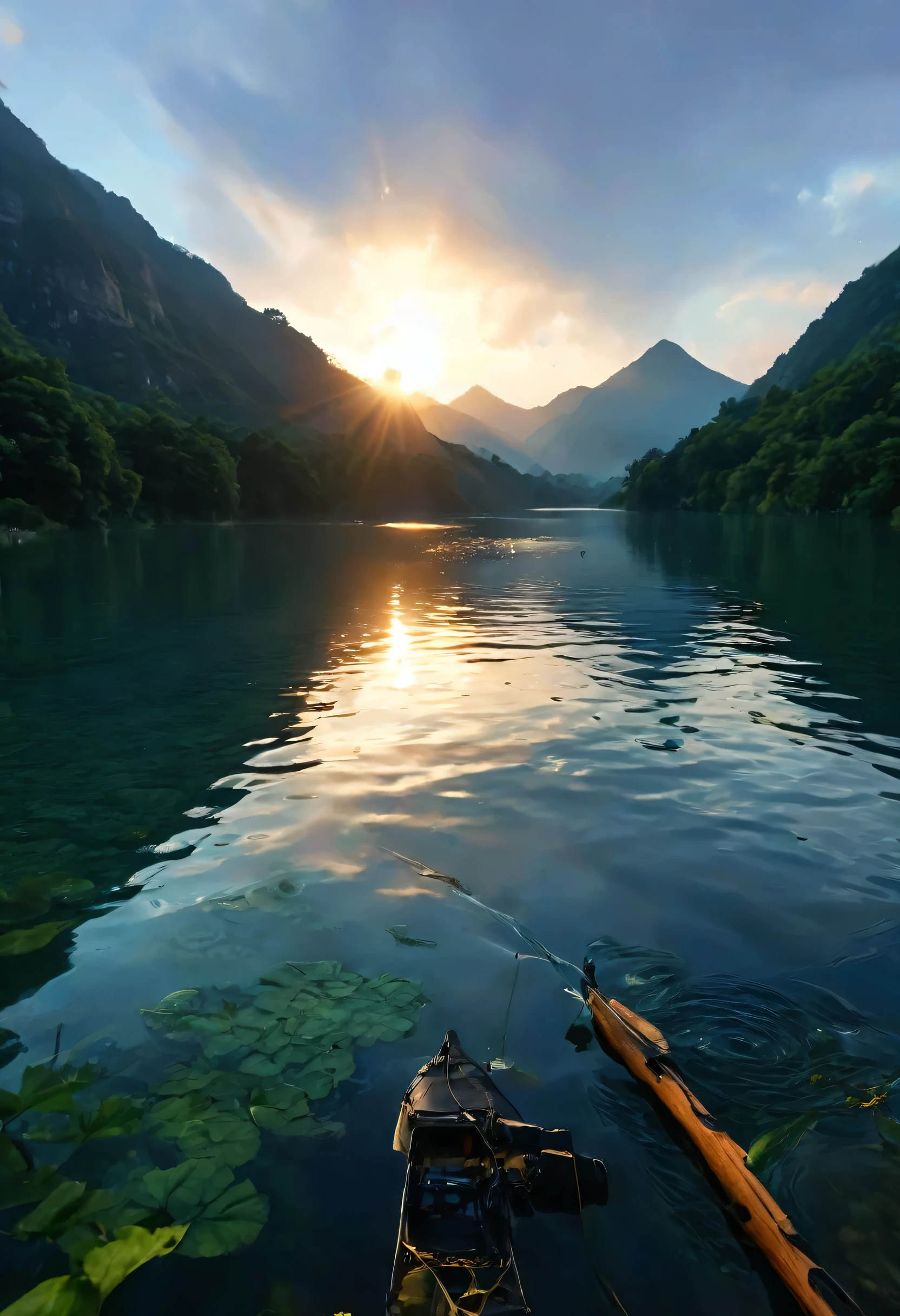 A fisherman fishing with a fishing rod in a beautiful lake, Birds flying around, Dawn lighting, The sun rising on the horizon, Mountains in the background, Magical summer scene, peaceful, Peace, (best quality,4K,8k,high resolution,masterpiece:1.2),Extremely detailed,(Practical,photoPractical,photo-Practical:1.37),Magnificent lake views,peaceful atmosphere,Warm primetime lighting,Sky and clouds,Fine fishing boat,Complex bird shape,Lush green leaves,tall mountain peaks,Golden sun rays,Reflected lake,Calm water ripples,Picturesque scenery,Idyllic summer day