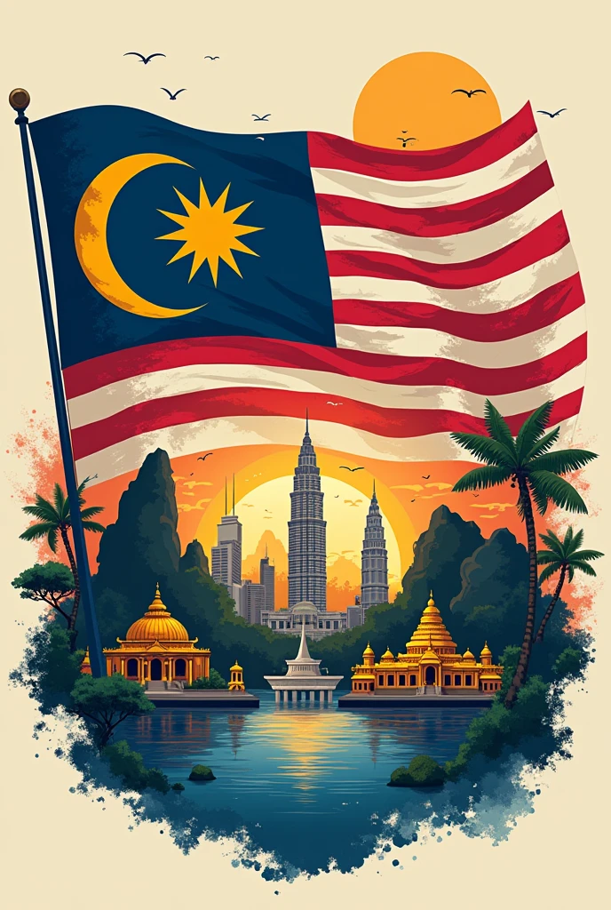 a poster about Malaysia view, historical place & malaysian flag