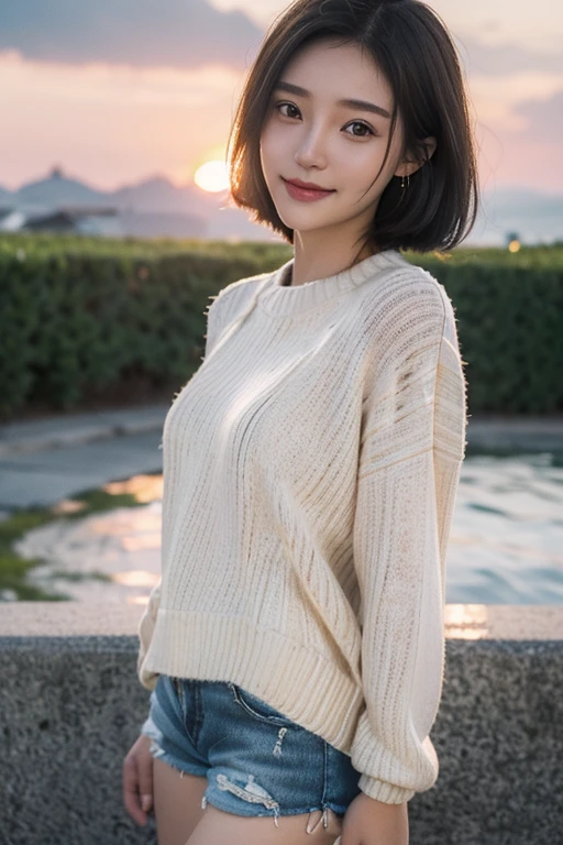 (Two pure Japanese,), (Small breasts:1.5,),(alone,,Textured skin, Detailed skin,Detailed face,Detailed eyes,detailed posing,Natural eyebrows,Sparkling eyes,Attention to detail, Highest quality, Very detailed, Surrealism, ,8k,RAW Photos,Photographicism,Professional Lighting,Ray Tracing,Portrait Photography,Soft Light),((Black Hair, Natural Makeup,Simple Earrings, Bob Hair,smile)),(((Summer Sweater,Shorts,Sunahama with a beautiful sunset)))