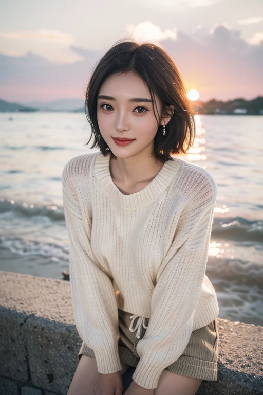 (Two pure Japanese,), (Small breasts:1.5,),(alone,,Textured skin, Detailed skin,Detailed face,Detailed eyes,detailed posing,Natural eyebrows,Sparkling eyes,Attention to detail, Highest quality, Very detailed, Surrealism, ,8k,RAW Photos,Photographicism,Professional Lighting,Ray Tracing,Portrait Photography,Soft Light),((Black Hair, Natural Makeup,Simple Earrings, Bob Hair,smile)),(((Summer Sweater,Shorts,Sunahama with a beautiful sunset)))