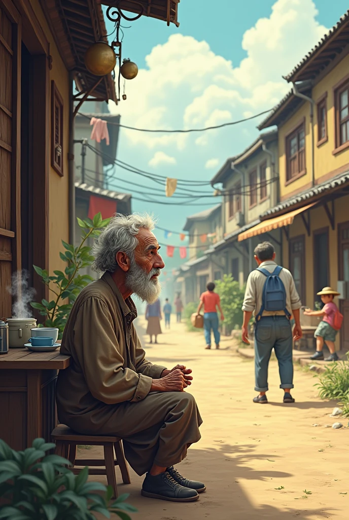 Poor old man wearing rags clothes sit in tea shop on village road show village people they do own work and meet old begger man cartoon animation 