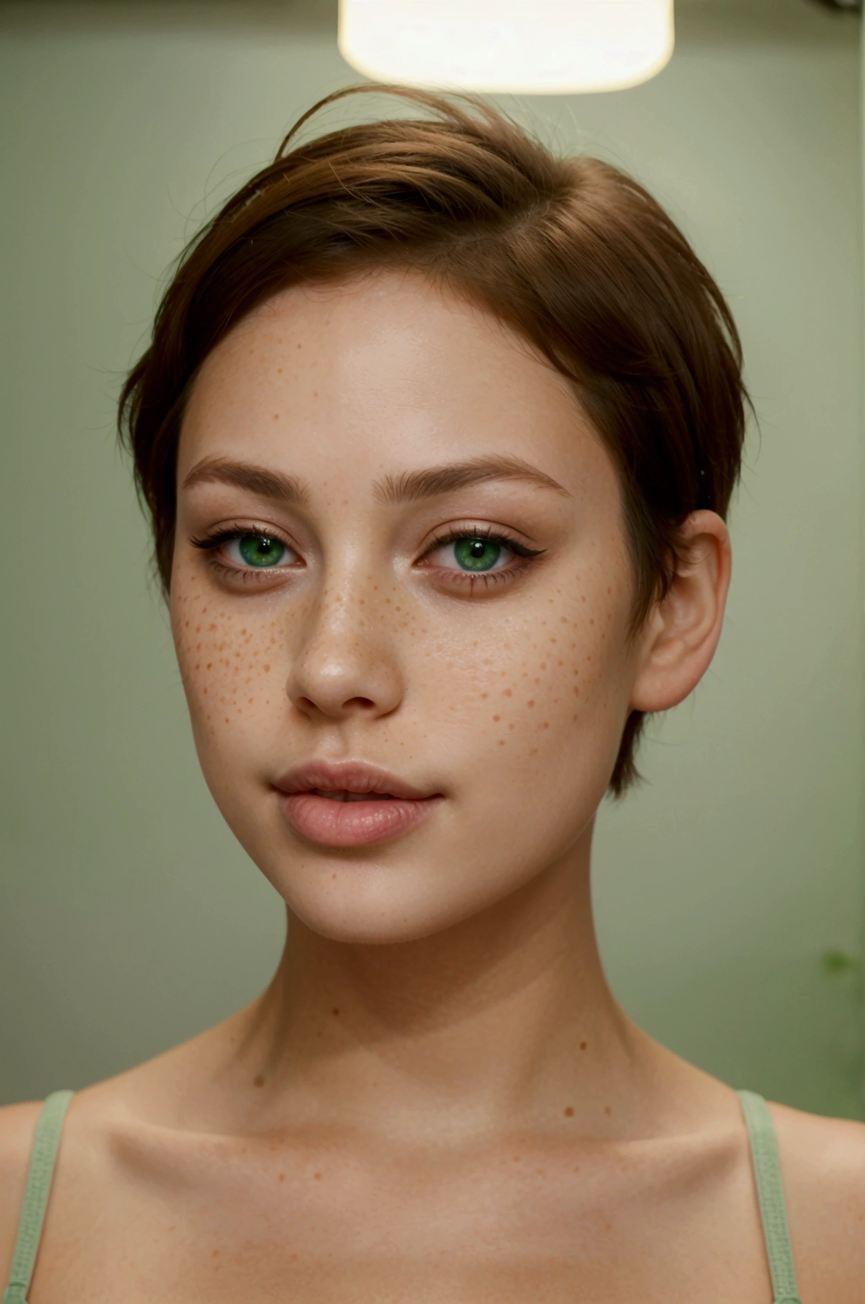 BEAUTIFUL VERY SEXY WITH SHORT HAIR, FULL LIPS AND LIGHT FRECKLES and green eyes