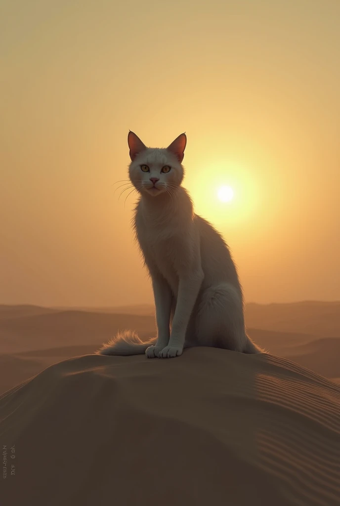 **The Lonely Survivor**  
The last surviving cat, with pale grey fur and hollow eyes, sits atop a sand dune, staring at the sun setting in the distance. The entire desert is now silent.