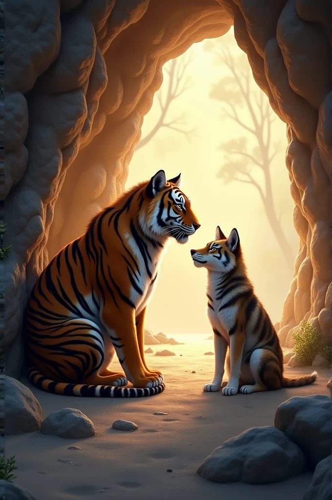 The tiger and the wolf sat together in the cave and were happy.
