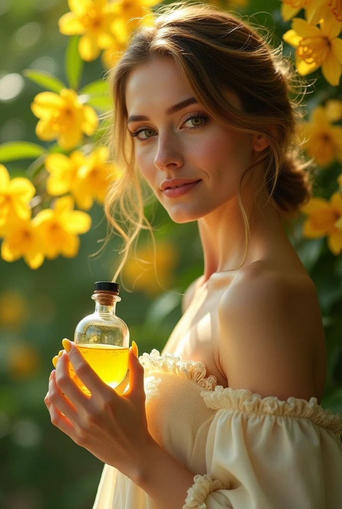 Ylang-Ylang flowers background,A European beauty showing ylang-ylang essential oil,Demonstrating the good effects of essential oils。
