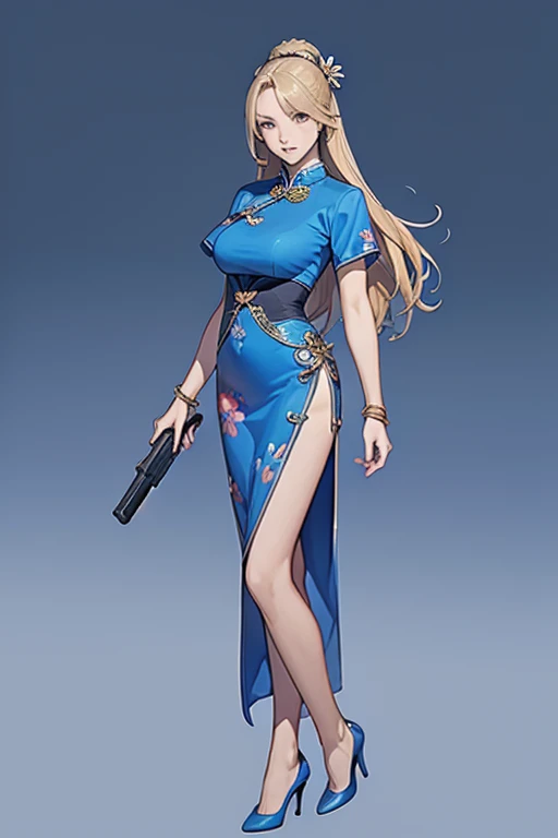 Highest quality,high resolution,comics,(Cel animation style),A woman is standing alone,30 year old Asian female,(Long blonde hair),((Blue Chinese Dress)),((Blue heels)),((1 Holding a gun in each hand.6)),(Hibiscus hair accessory),(Beautiful face with slits 1.3)，(gold bracelets on both wrists),Beautiful Style,Slender body,(Large Breasts),((City Background))